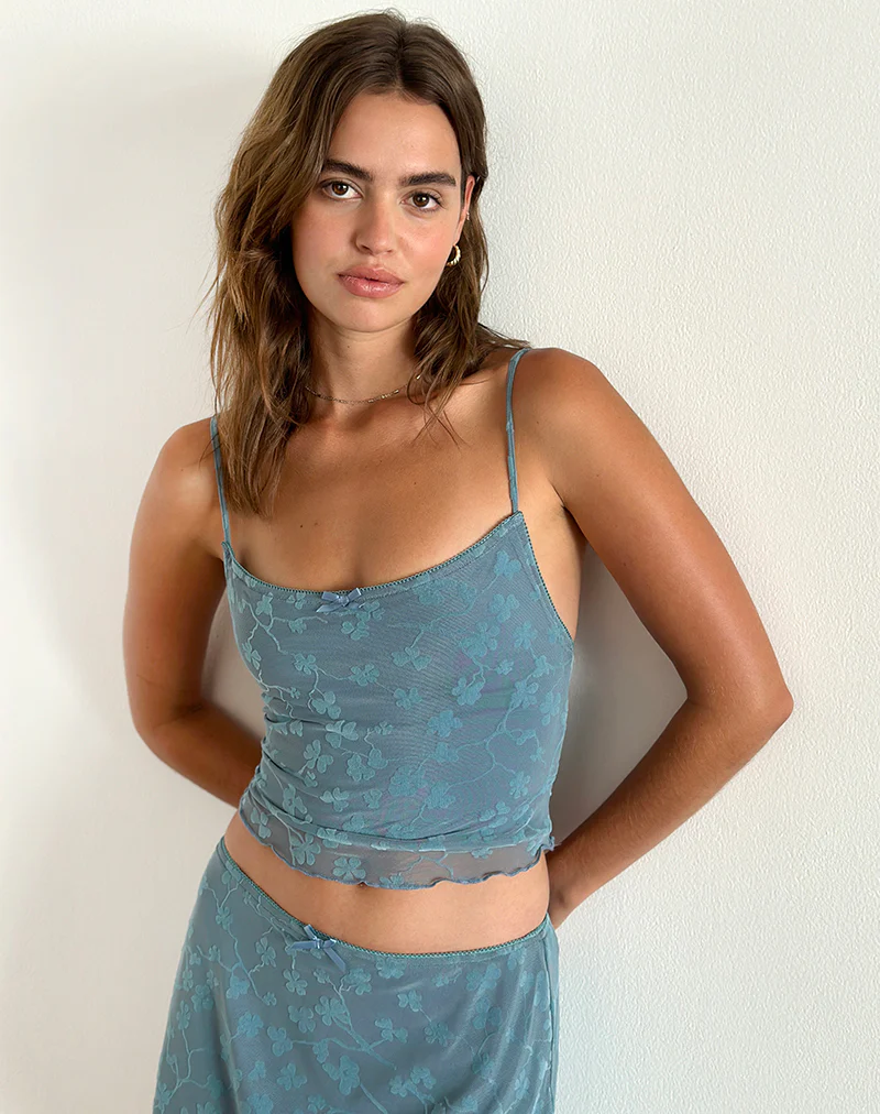 Deri Cami Top in Grunge Floral Blue Grey - Image 3