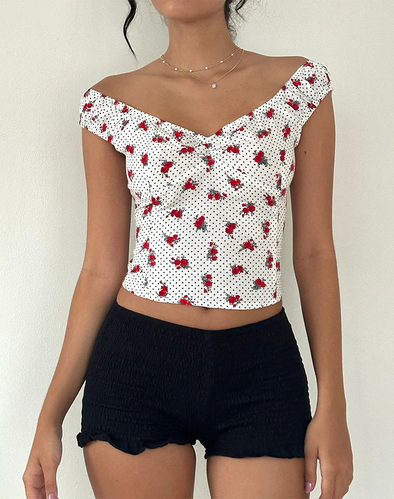 Derige Bardot Top in White Rose Polka - Image 4