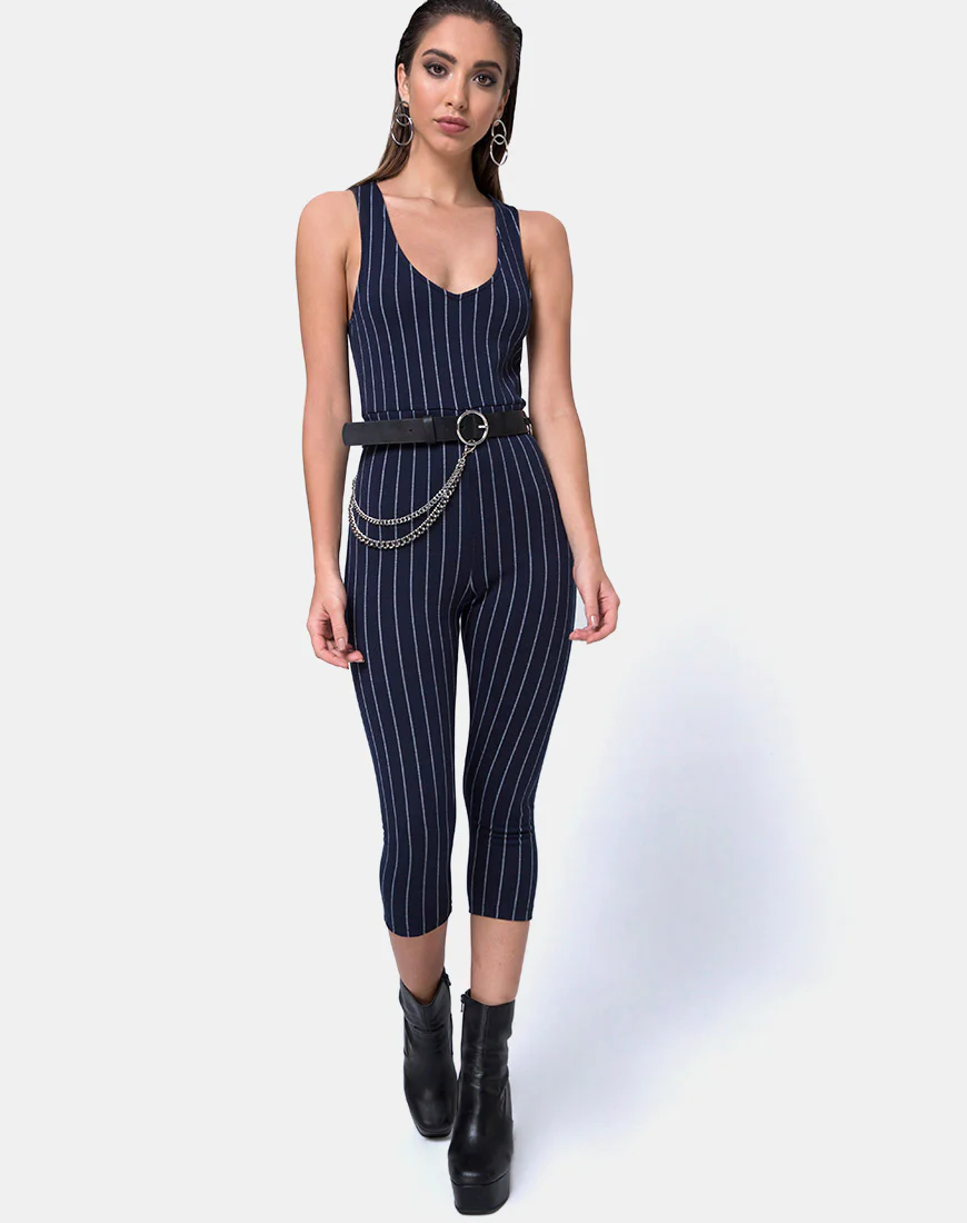 Devile Unitard in Pinstripe Navy - Image 3