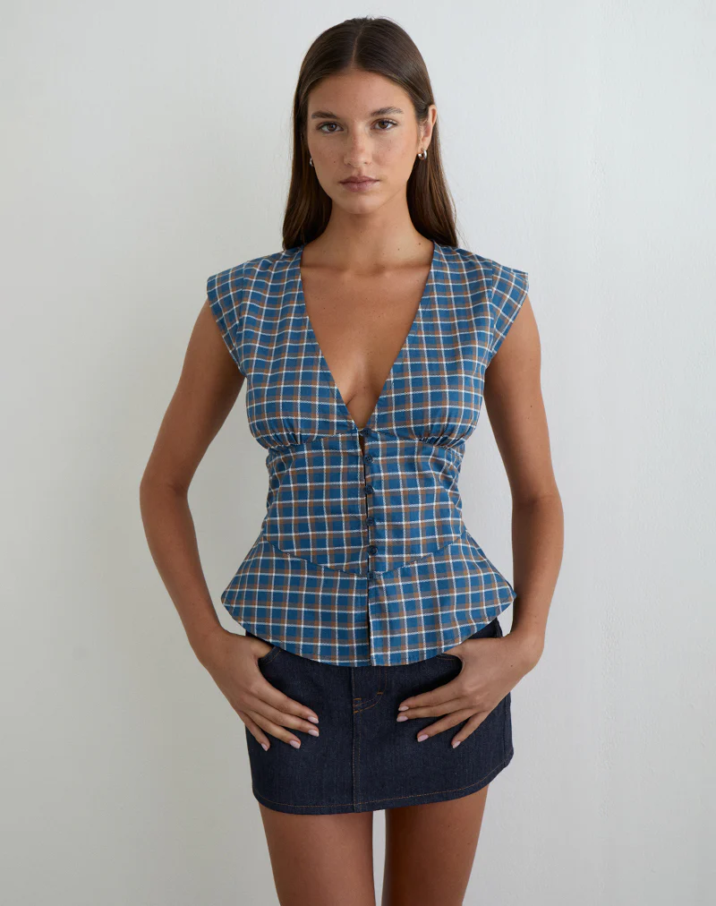 Devlon Blouse in Medium Tartan Blue - Image 4