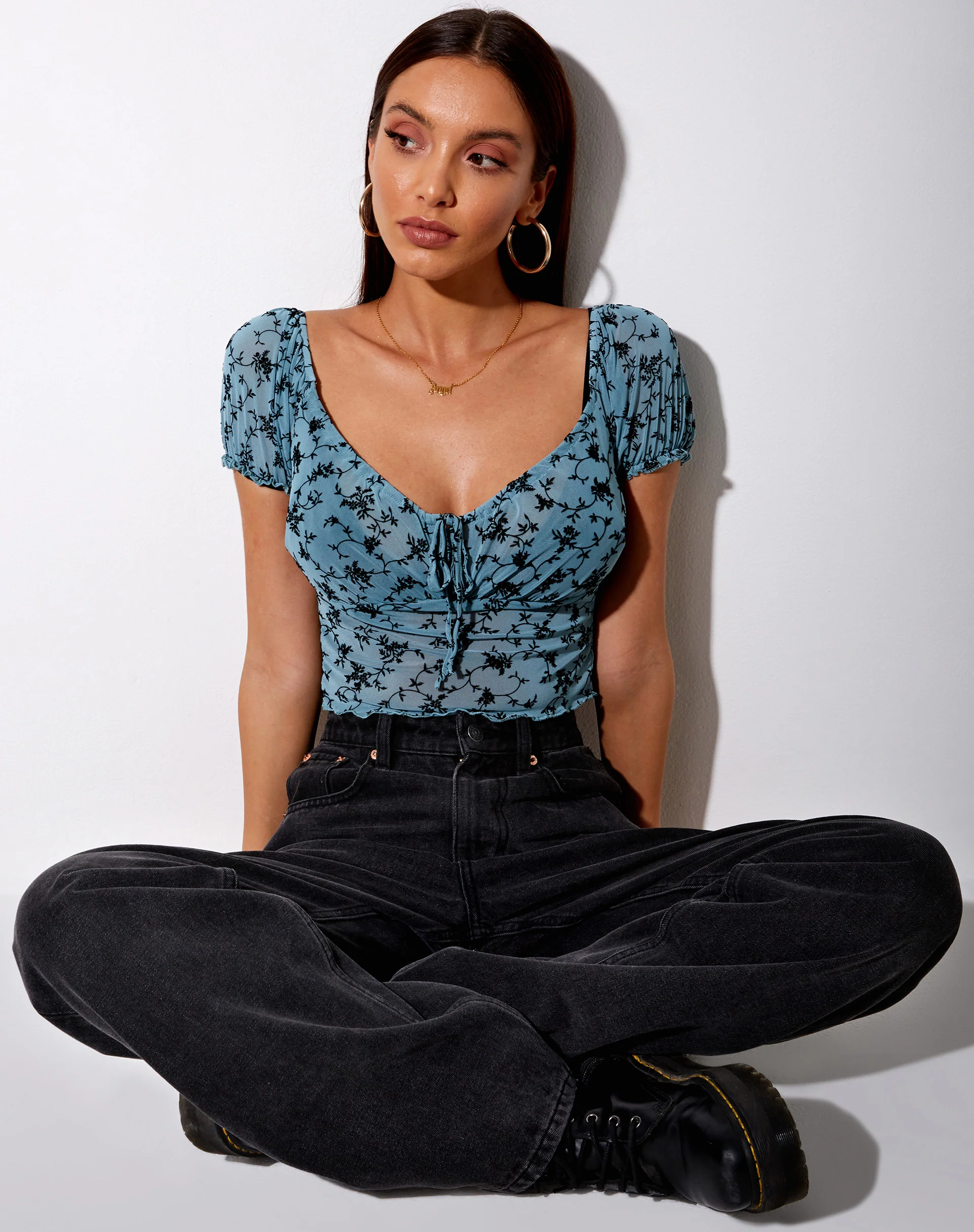 Deyha Crop Top in Love Bloom Grey and Blue Flock - Image 3