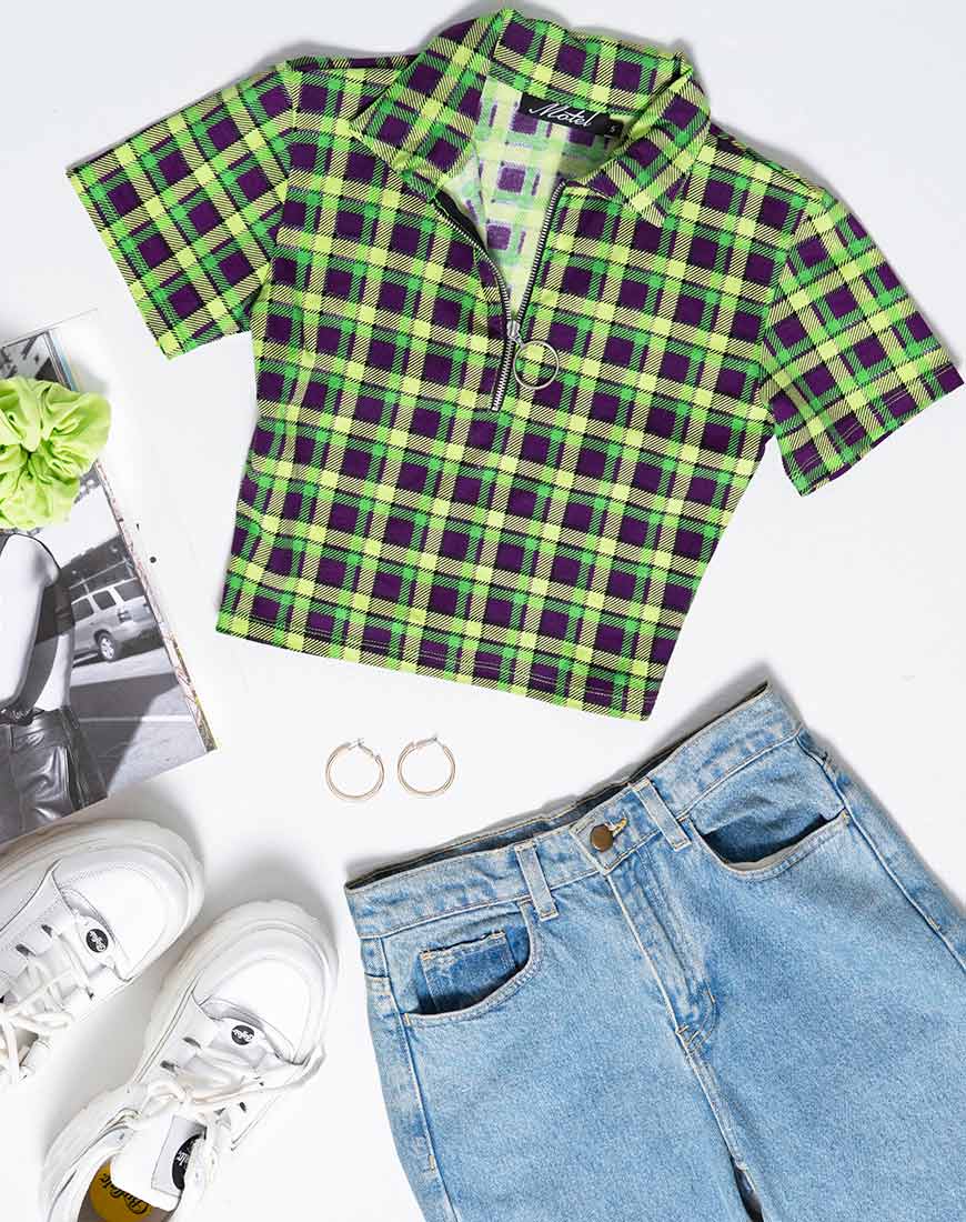 Dhen Crop Top in Green and Purple Check - Image 2