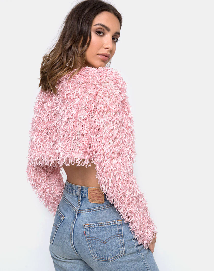 Diabla Crop Jumper in Shaggy Knit Sugar Pink - Image 2