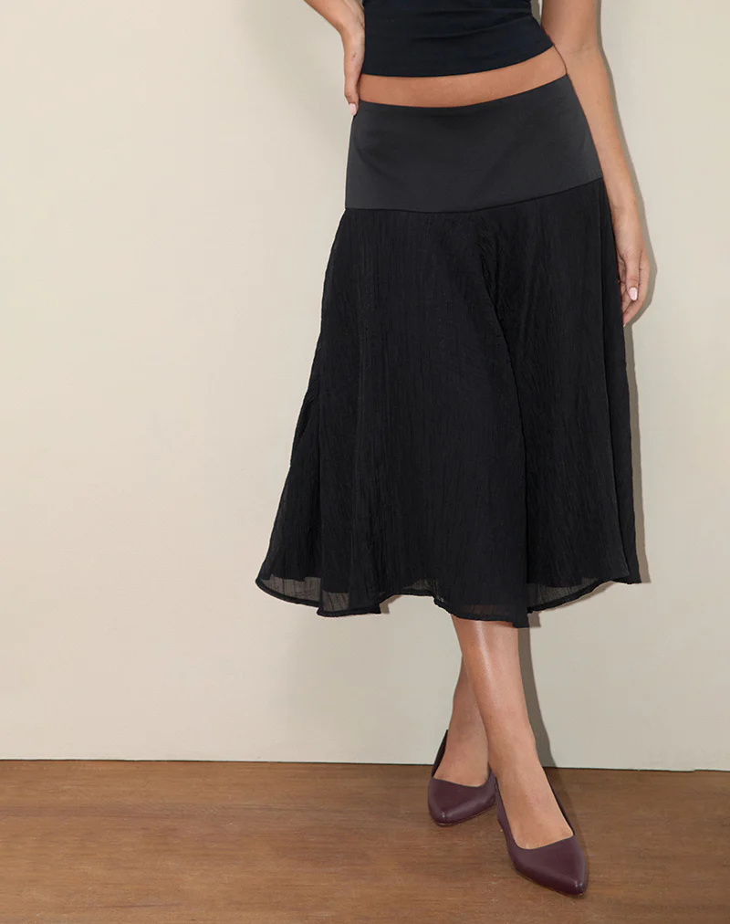 Diera Satin Chiffon Midi Skirt in Black - Image 3
