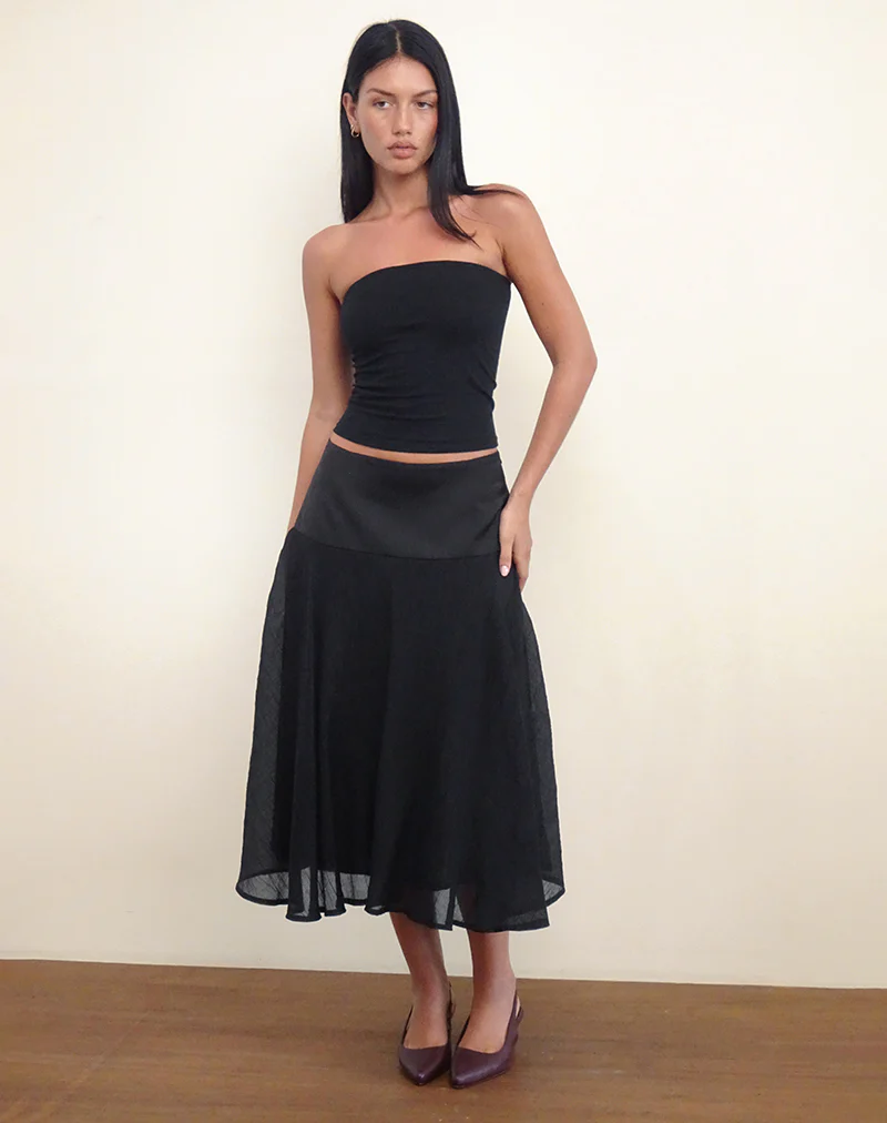 Diera Satin Chiffon Midi Skirt in Black - Image 5