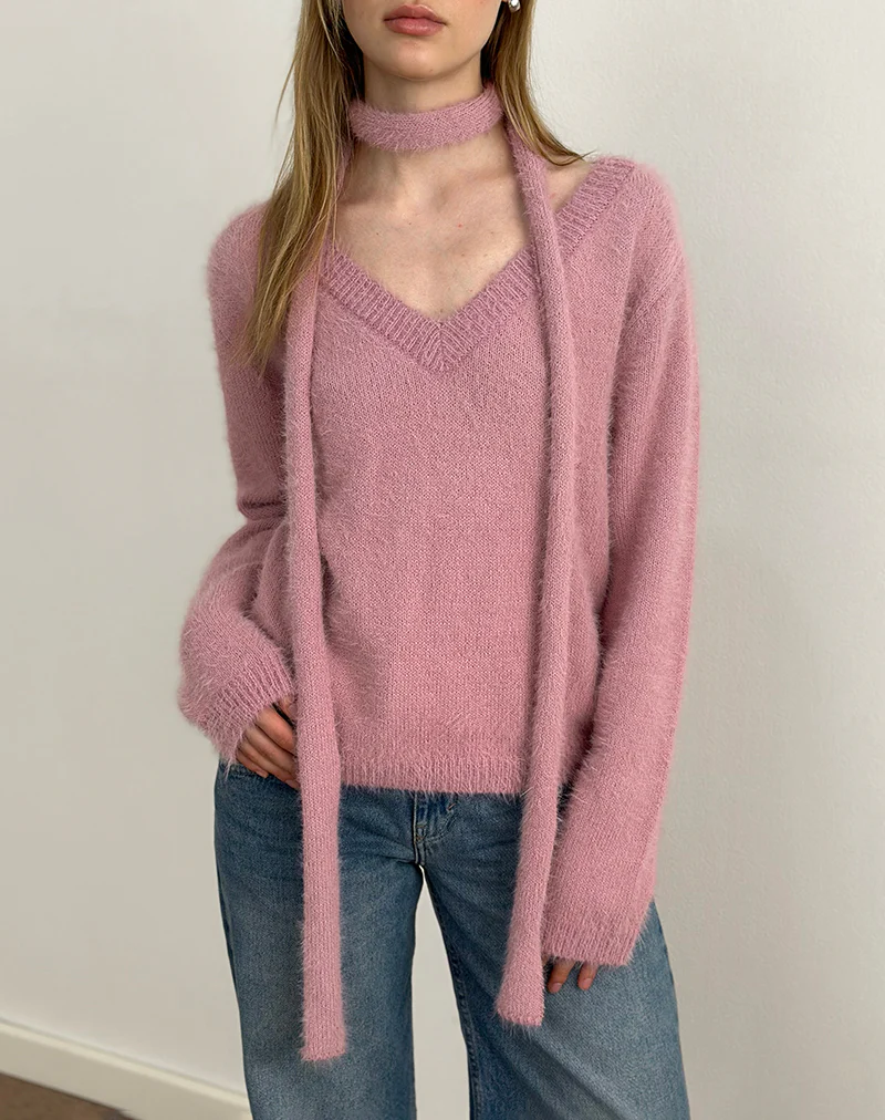 Dikara Jumper with Scarf in Knit Dusty Pink - Image 4