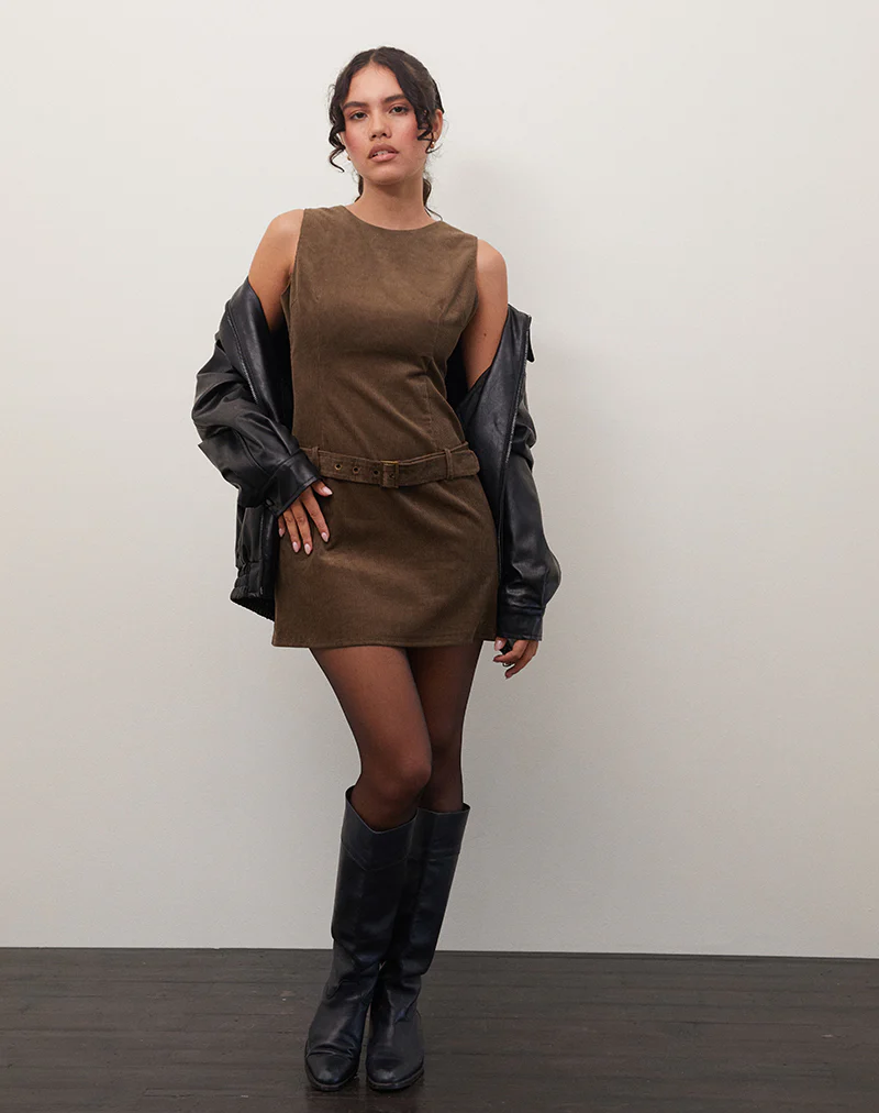 Dilshan Mini Dress in Babycord Brown - Image 2