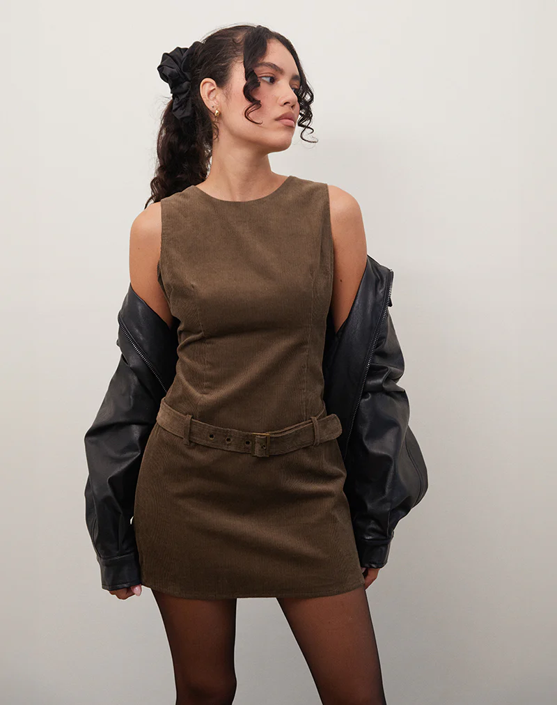 Dilshan Mini Dress in Babycord Brown - Image 3