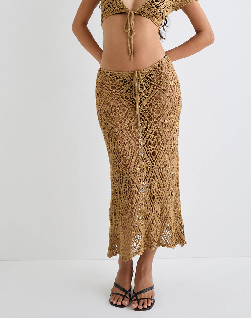 Diora Tie Front Skirt in Crochet Camel - Image 2