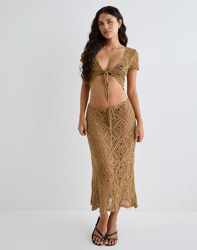 Diora Tie Front Skirt in Crochet Camel - Image 3