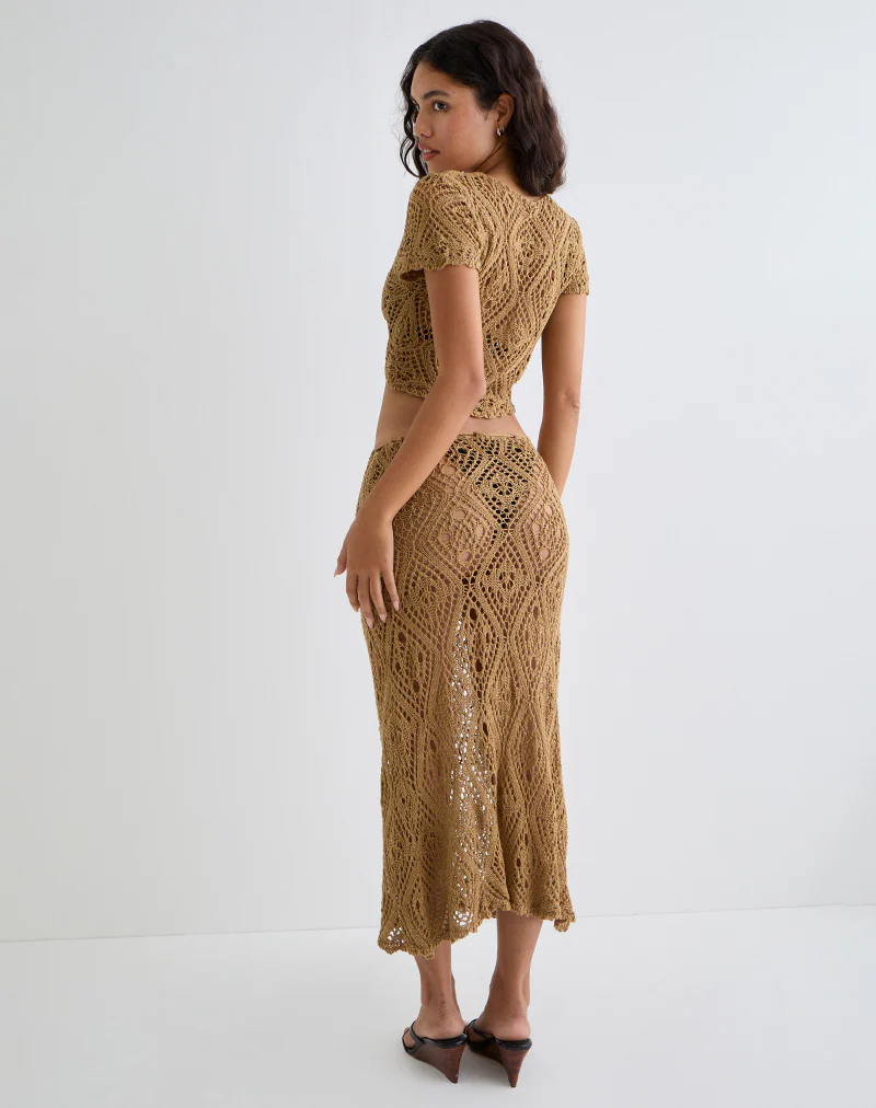 Diora Tie Front Skirt in Crochet Camel - Image 4