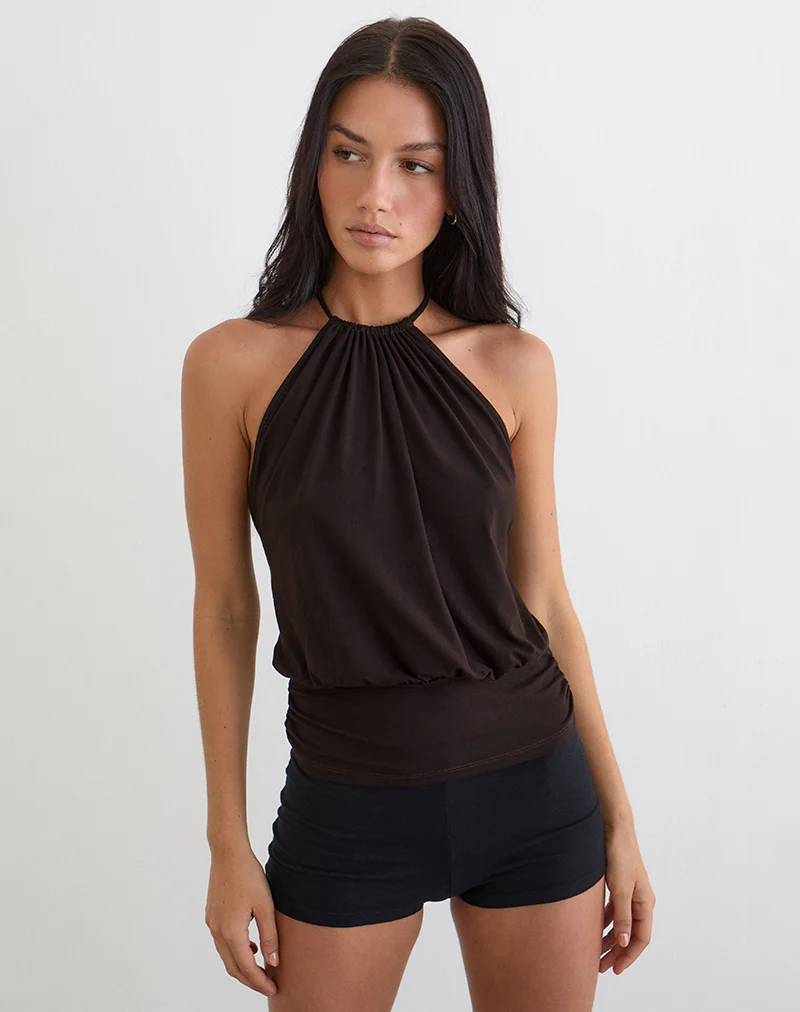 Diraka High Neck Top in Rayon Jersey Chocolate Brown - Image 4
