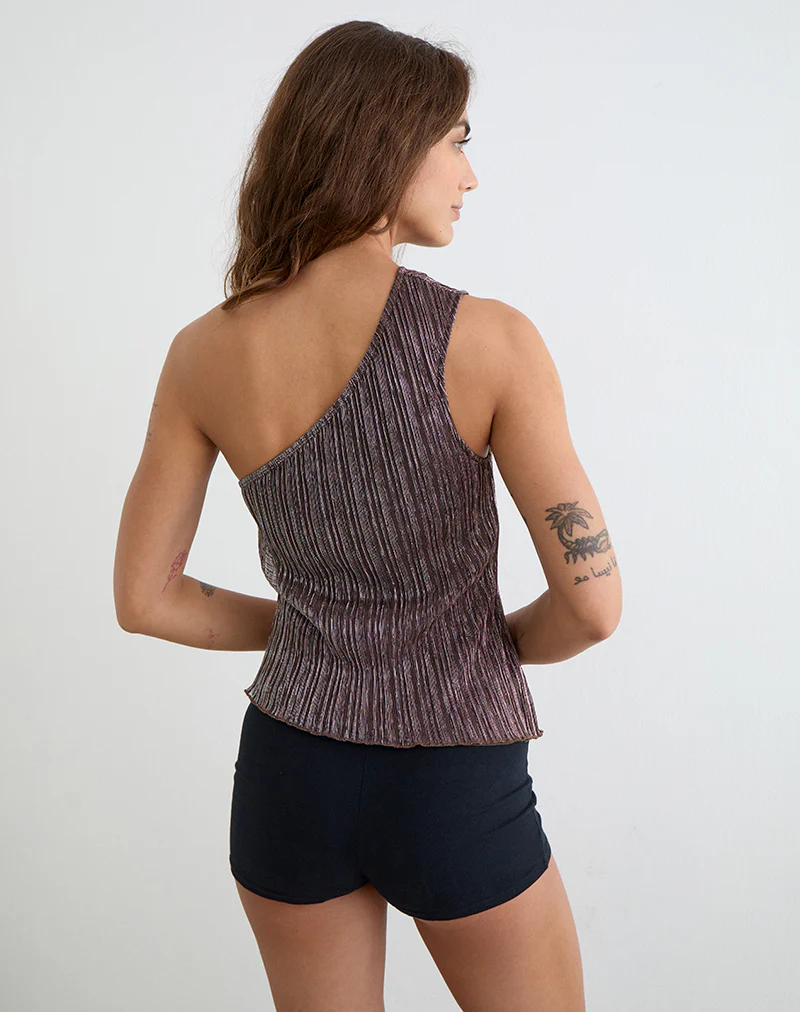Dirsa One Shoulder Asymmetric Top in Plisse Brown - Image 4