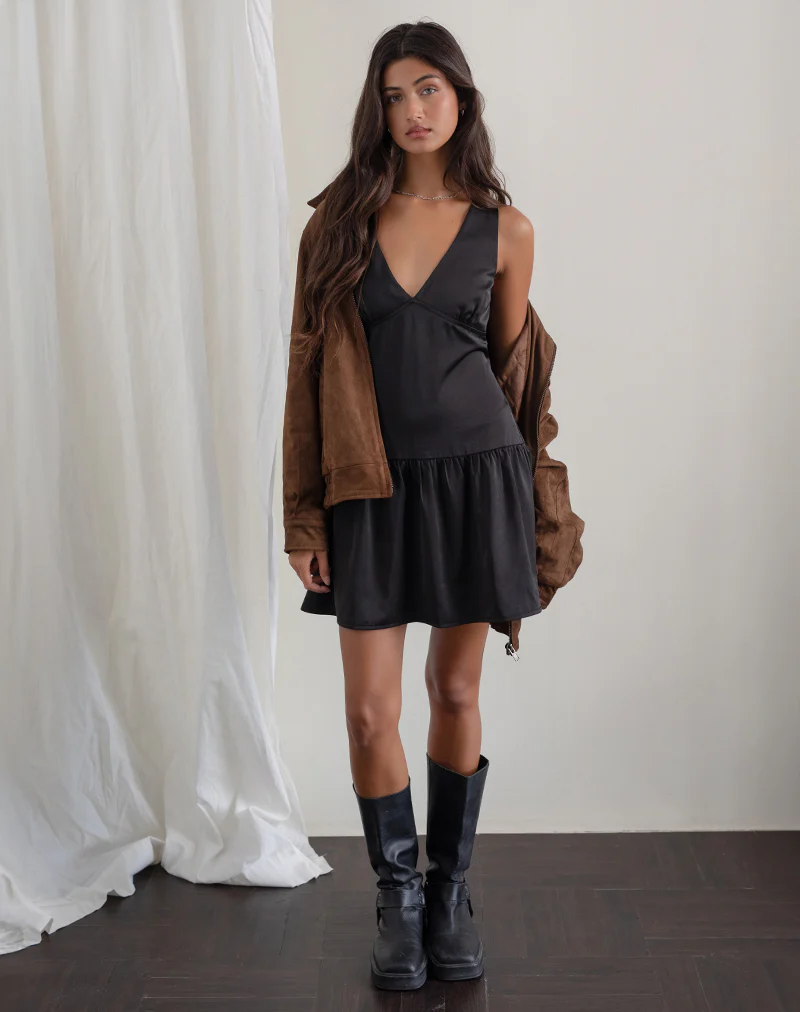 Distia Plunge Puff Mini Dress in Black - Image 4