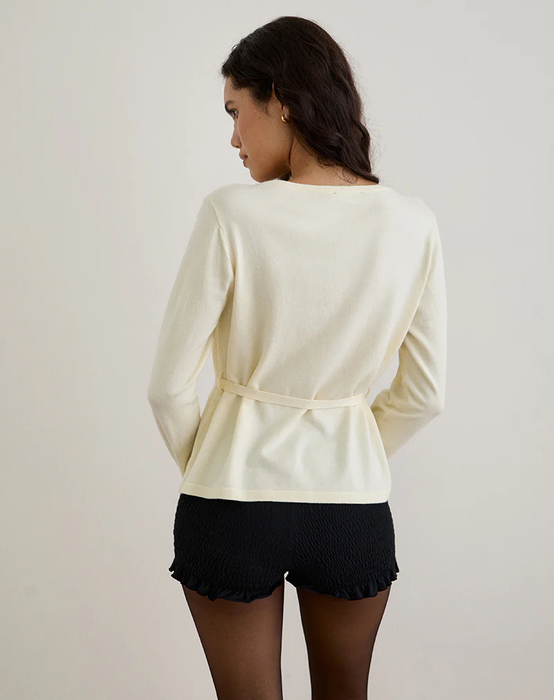 Divya Cardigan with Tie in Knit Cream - Image 5