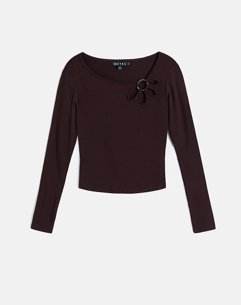Donela Long Sleeve Top with Flower Ring in Bitter Chocolate - Image 6
