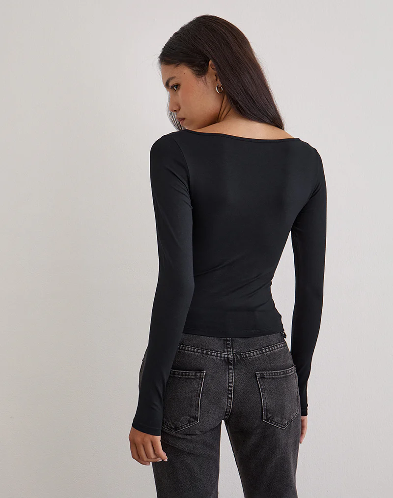 Donela Long Sleeve Top with Flower Ring in Black - Image 4