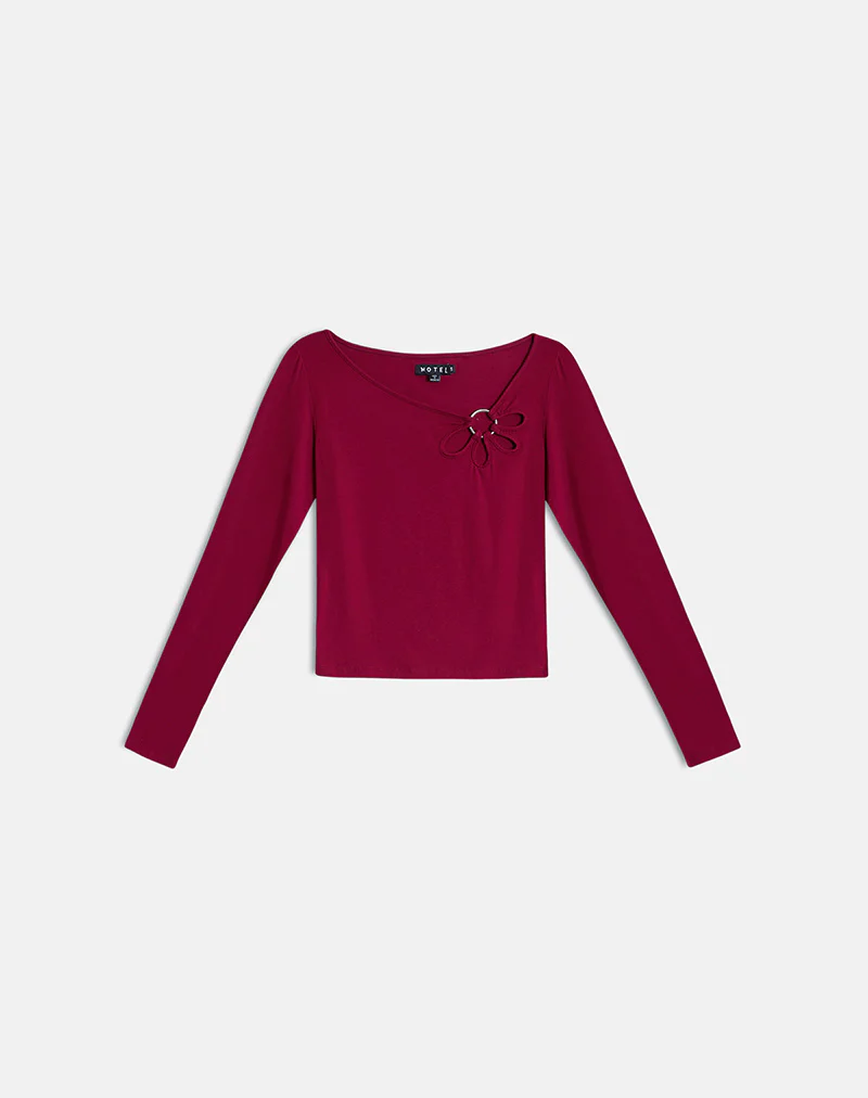 Donela Long Sleeve Top with Flower Ring in Burgundy - Image 3