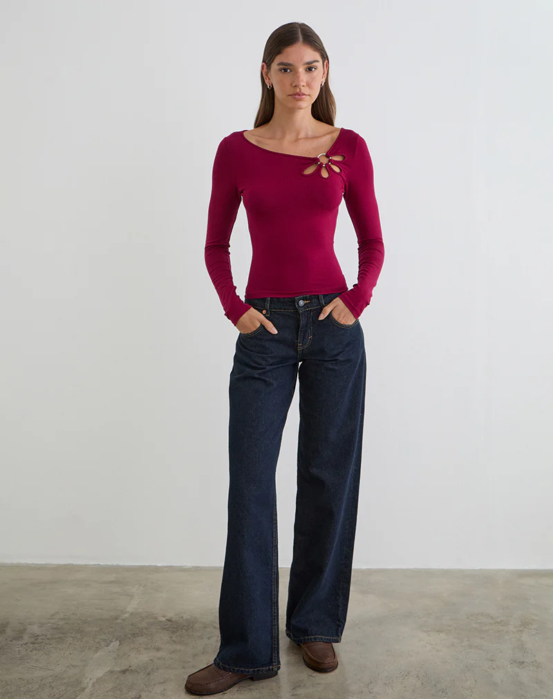 Donela Long Sleeve Top with Flower Ring in Burgundy - Image 5