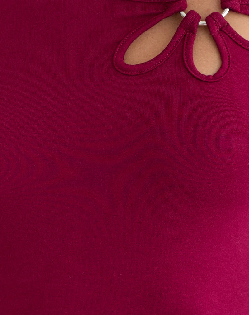 Donela Long Sleeve Top with Flower Ring in Burgundy - Image 7