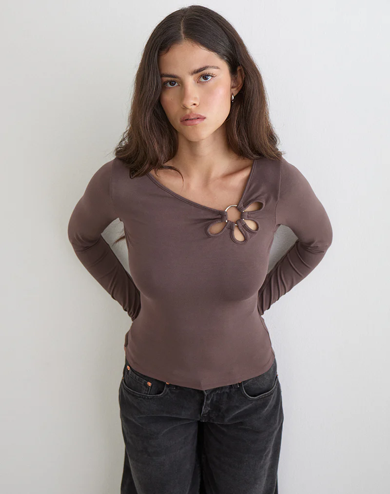 Donela Long Sleeve Top with Flower Ring in Coffee Quartz - Image 3