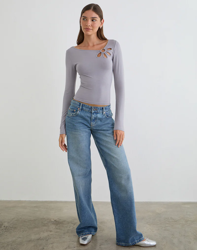 Donela Long Sleeve Top with Flower Ring in Lilac Grey - Image 4