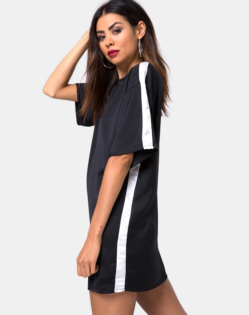 Dore T-Shirt Dress in Black with Ivory Stripe - Image 2