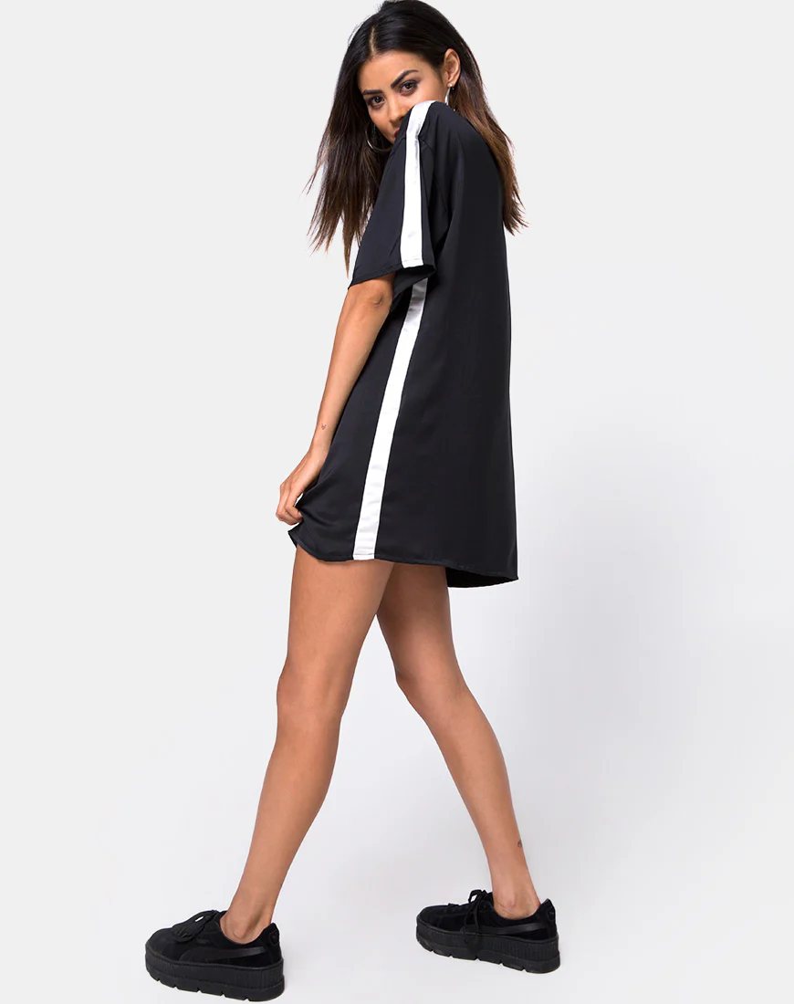 Dore T-Shirt Dress in Black with Ivory Stripe - Image 3
