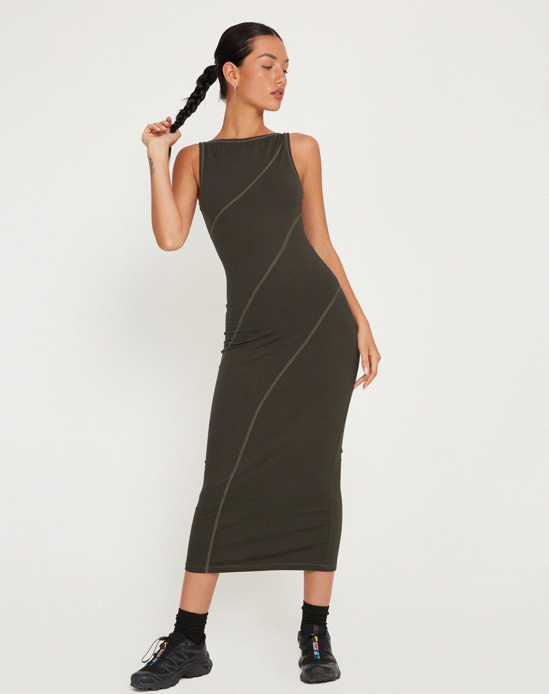 Driki Midi Dress in Gunmetal with Grey Top Stitch - Image 2