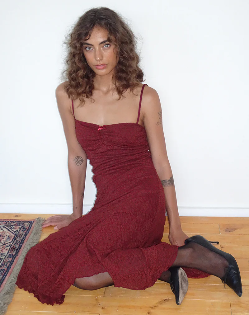 Drusilla Midi Dress in Rose Lace Burgundy - Image 3