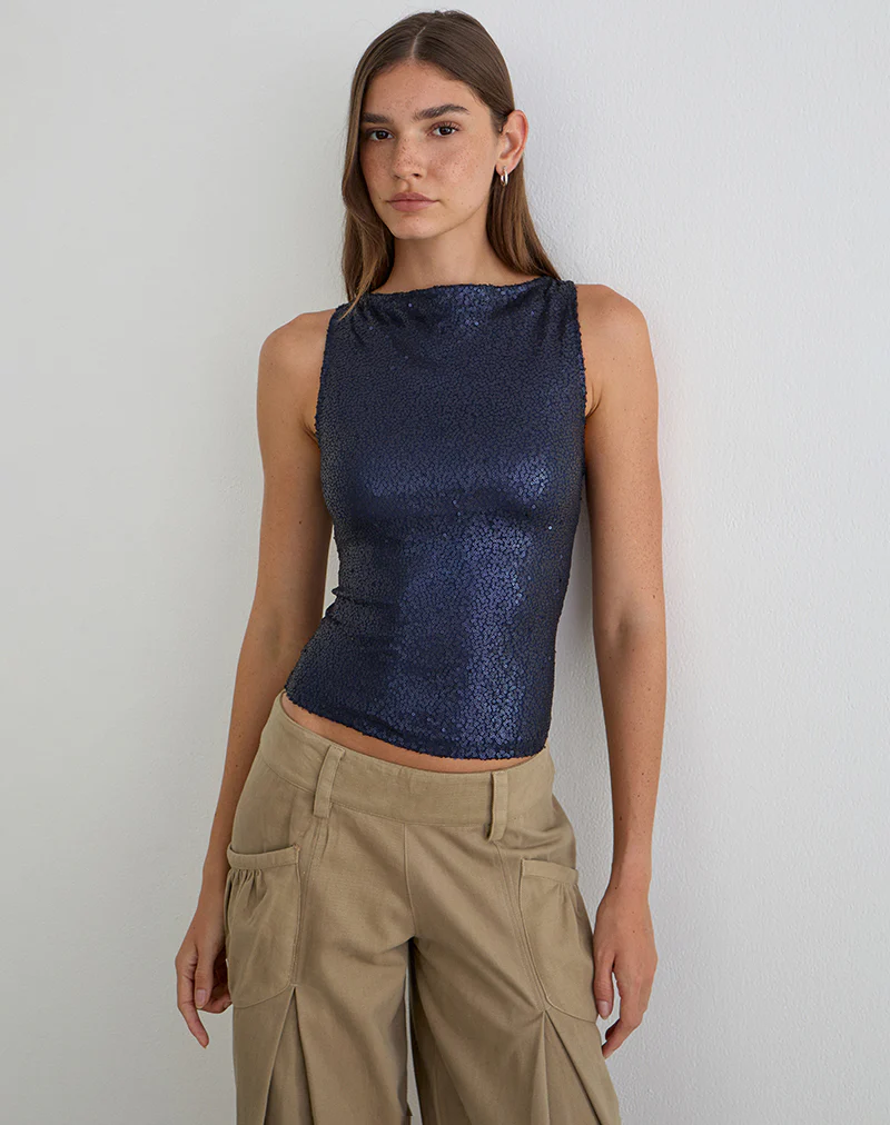 Dudley Vest Top in Drape Sequin Navy - Image 5