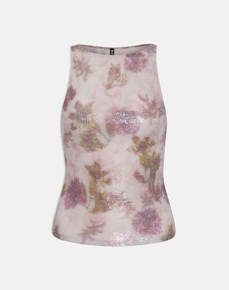 Dudley Vest Top in Floral Sequin White and Purple - Image 2