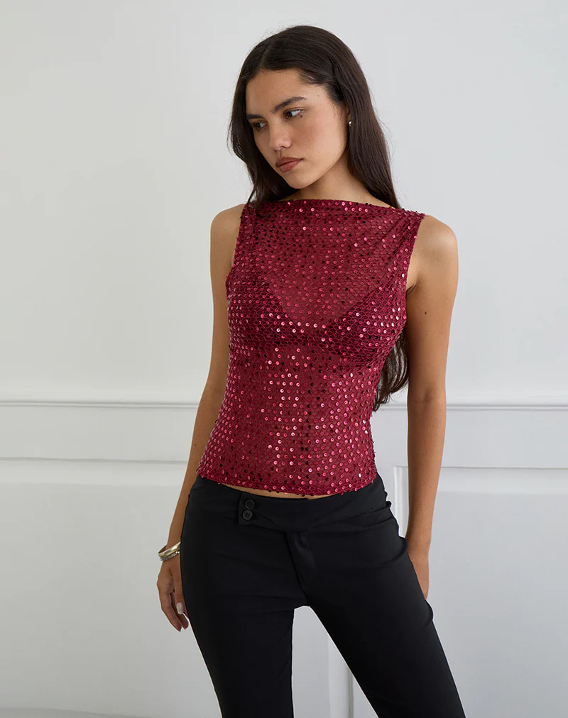 Dudley Vest Top in Sequin Knit Burgundy - Image 3