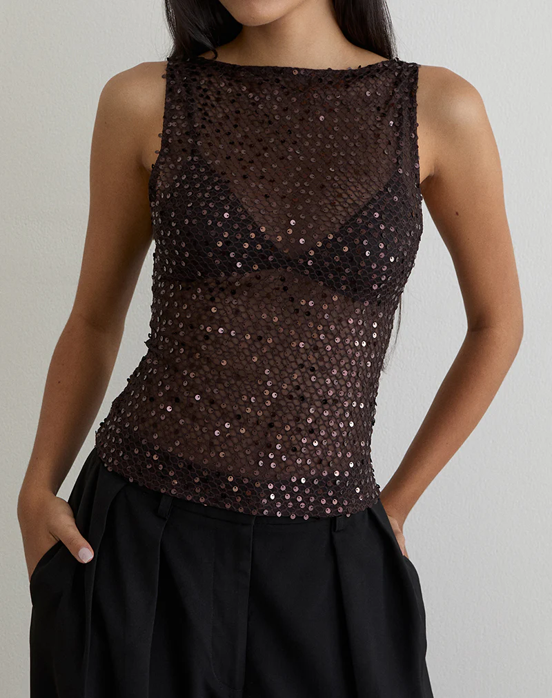 Dudley Vest Top in Sequin Knit Coffee - Image 3