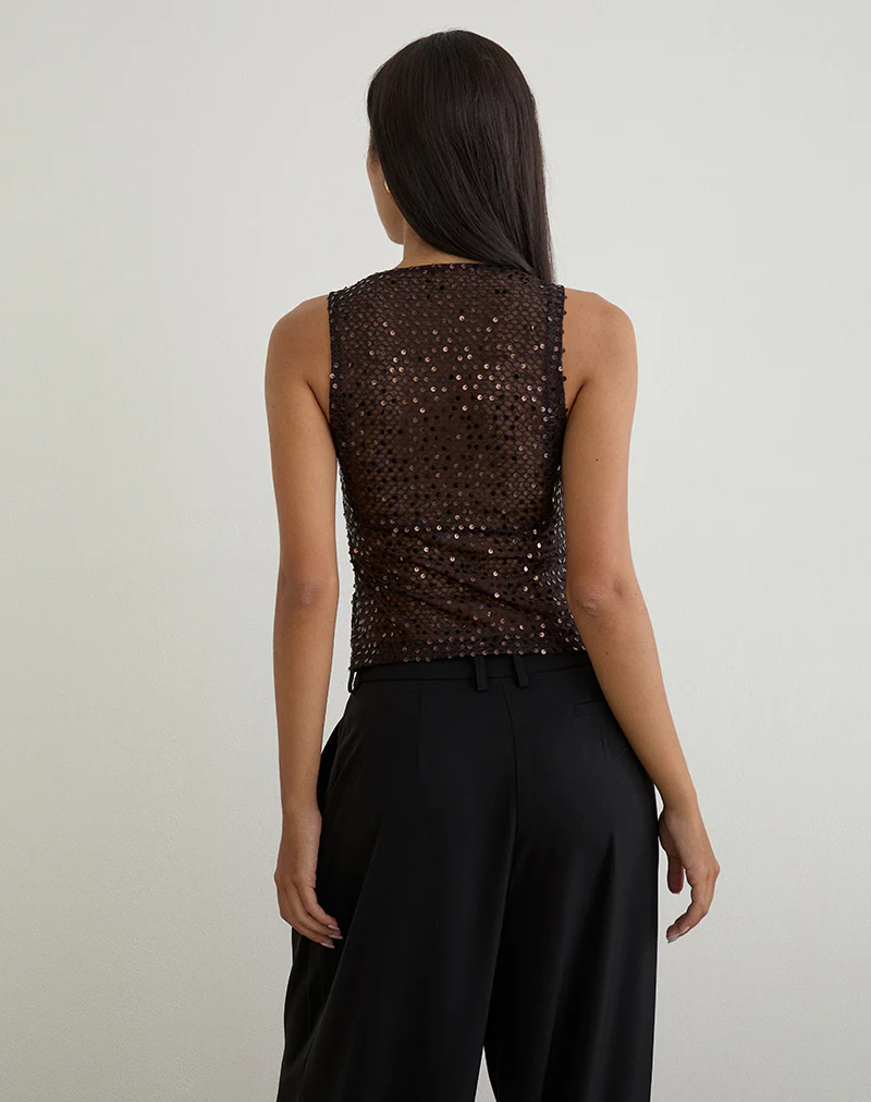 Dudley Vest Top in Sequin Knit Coffee - Image 5