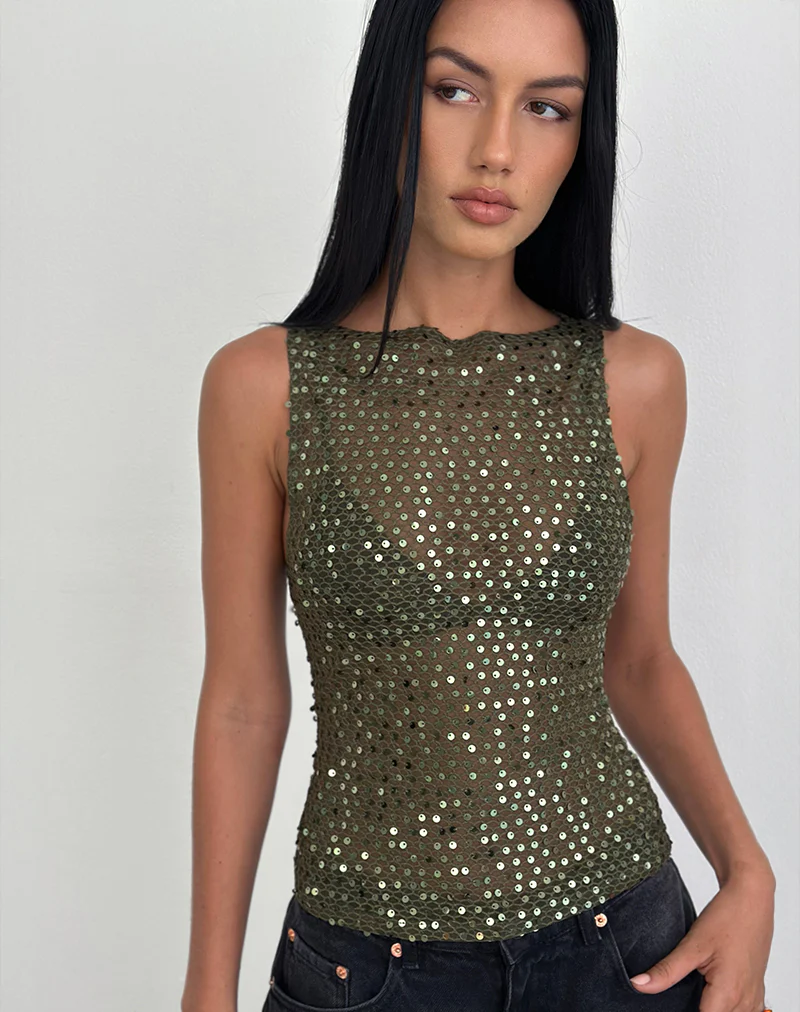 Dudley Vest Top in Sequin Knit Olive - Image 4