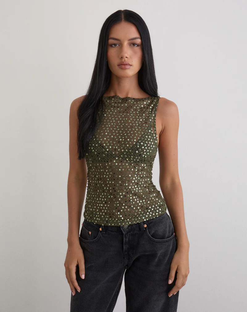 Dudley Vest Top in Sequin Knit Olive - Image 6