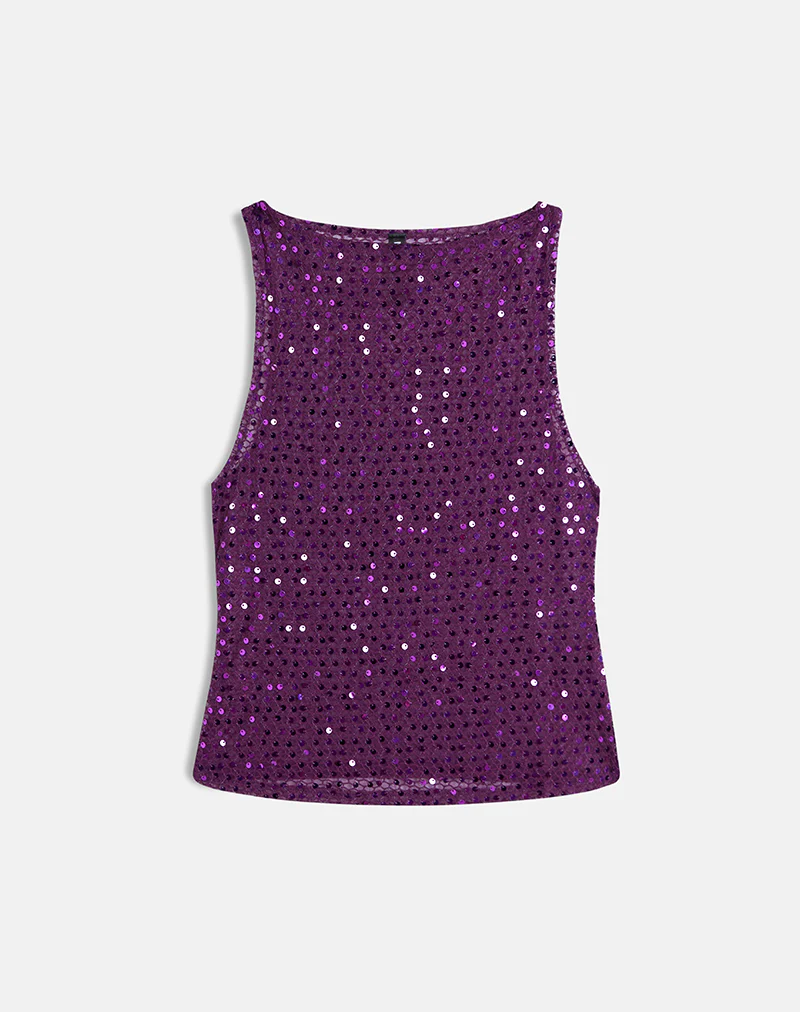 Dudley Vest Top in Sequin Knit Plum Wine - Image 4