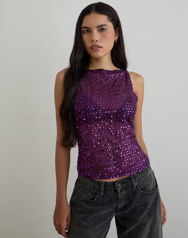 Dudley Vest Top in Sequin Knit Plum Wine - Image 5