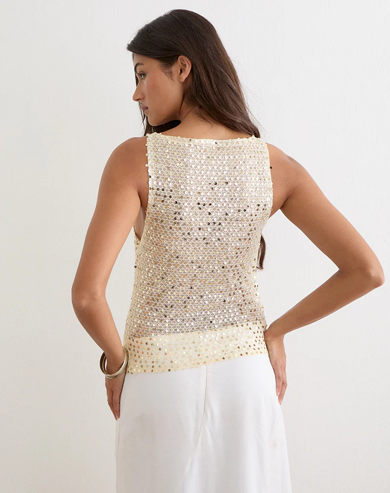 Dudley Vest Top in Sequin Knit Cream - Image 5