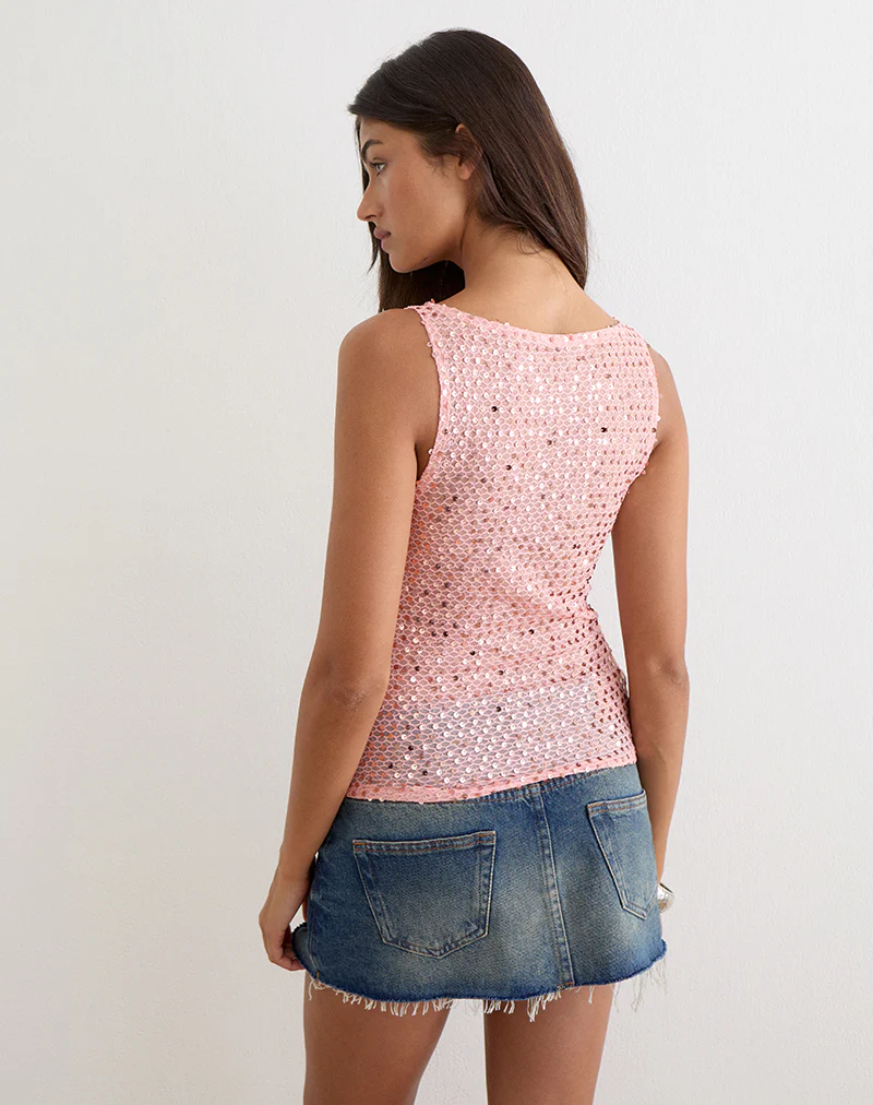Dudley Vest Top in Sequin Knit Peach - Image 4