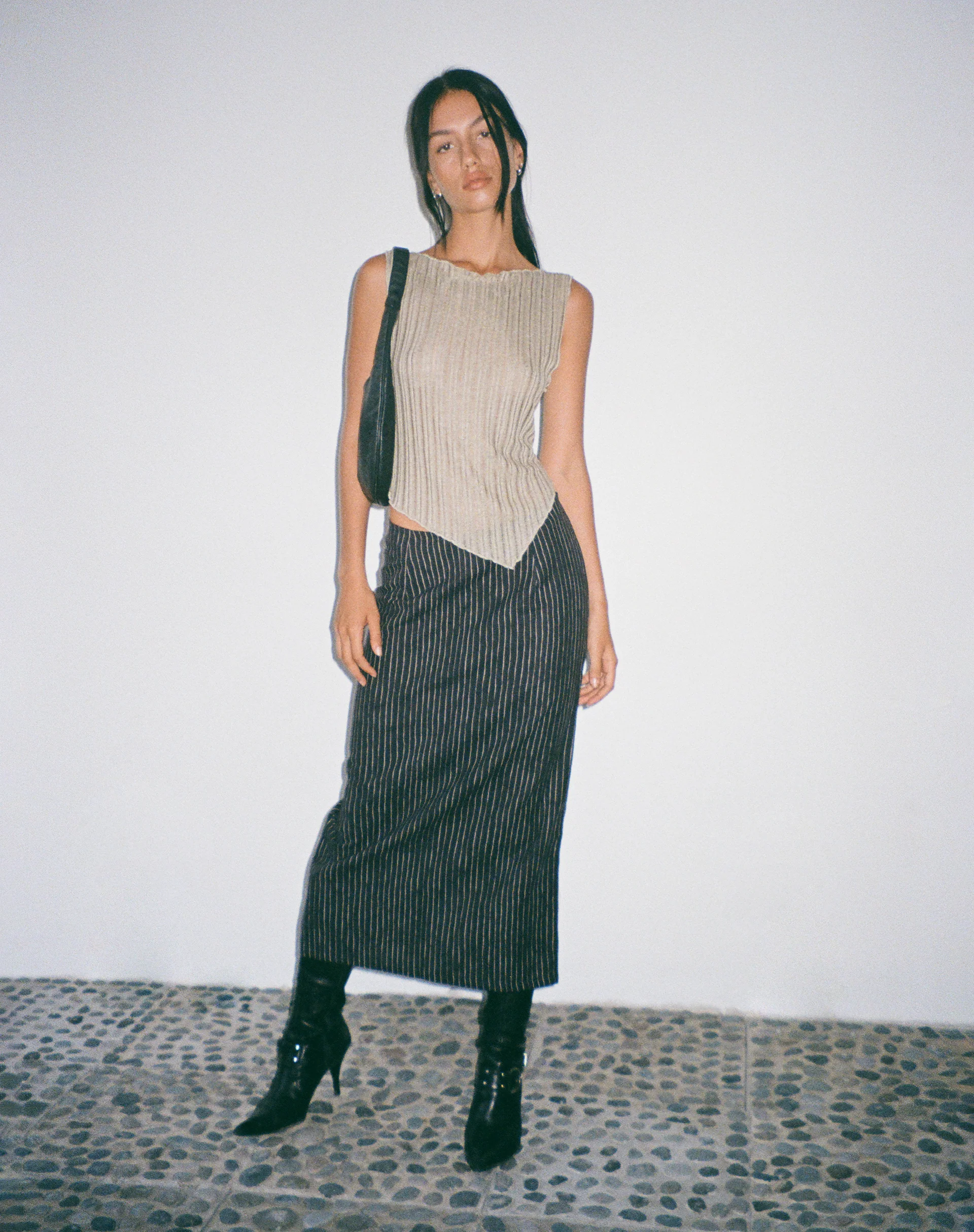 MOTEL X JACQUIE Duende Midi Skirt in Sketchy Stripe Black - Image 4