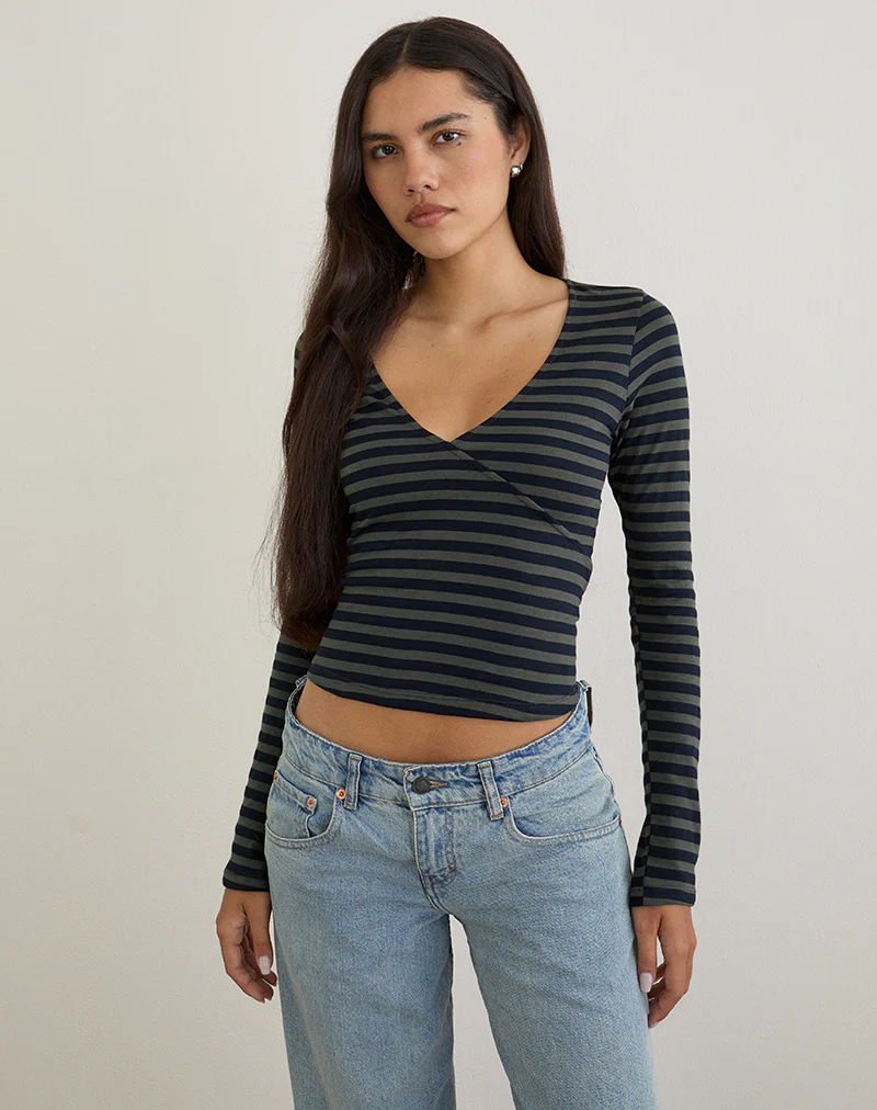 Dulcet Ribbed Plunge Top in Classic Striped Navy and Grey - Image 2