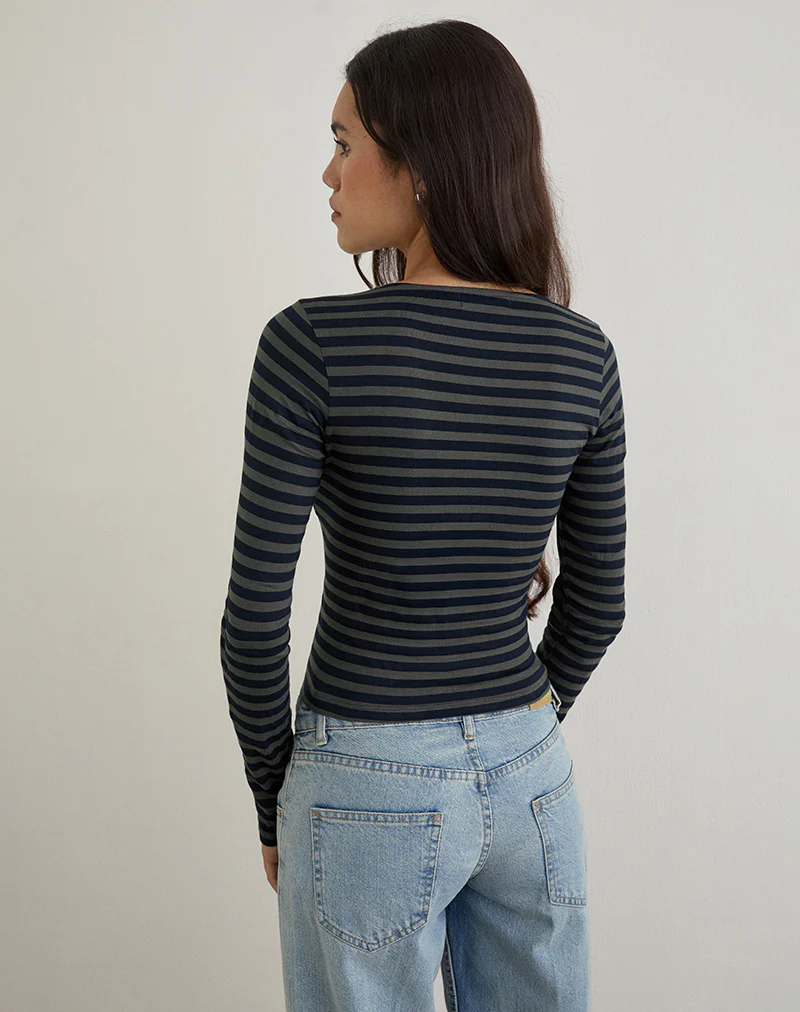 Dulcet Ribbed Plunge Top in Classic Striped Navy and Grey - Image 5
