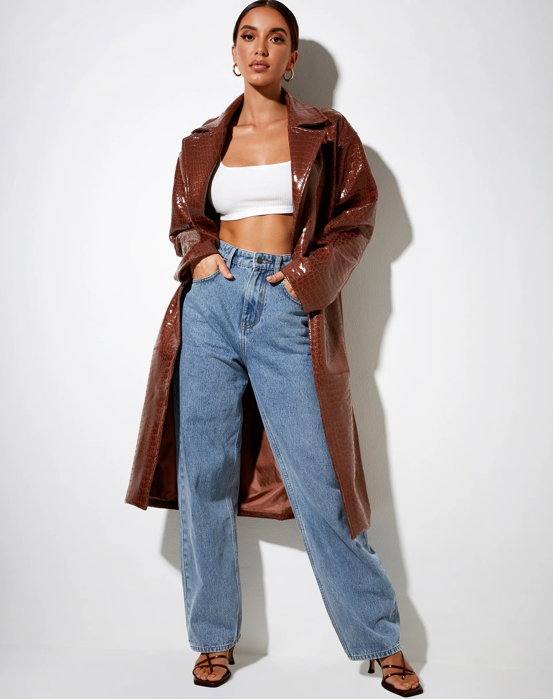 Duster Longline Coat in Croc Pu Brown - Image 4
