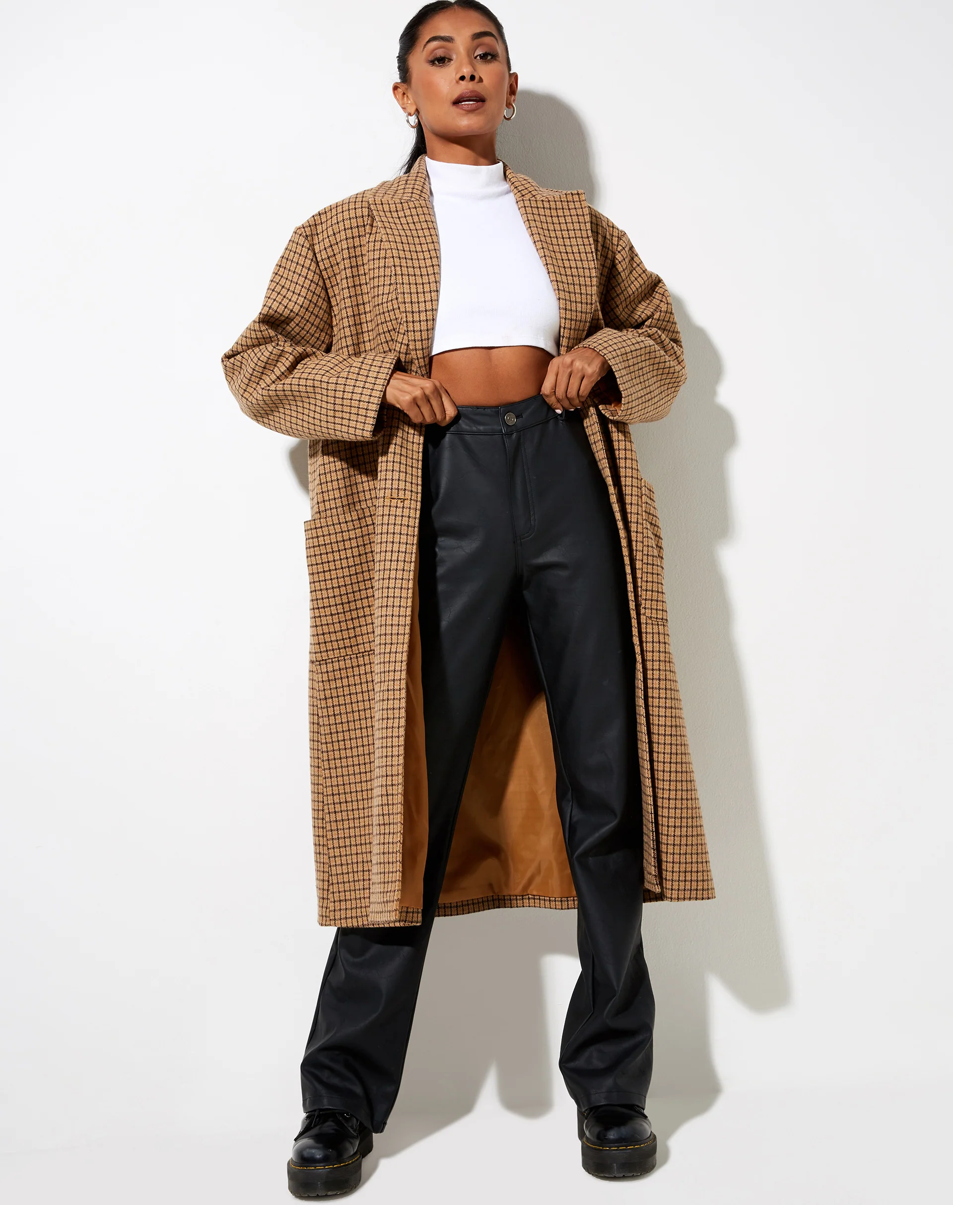 Duster Coat in Houndstooth Brown Check - Image 3