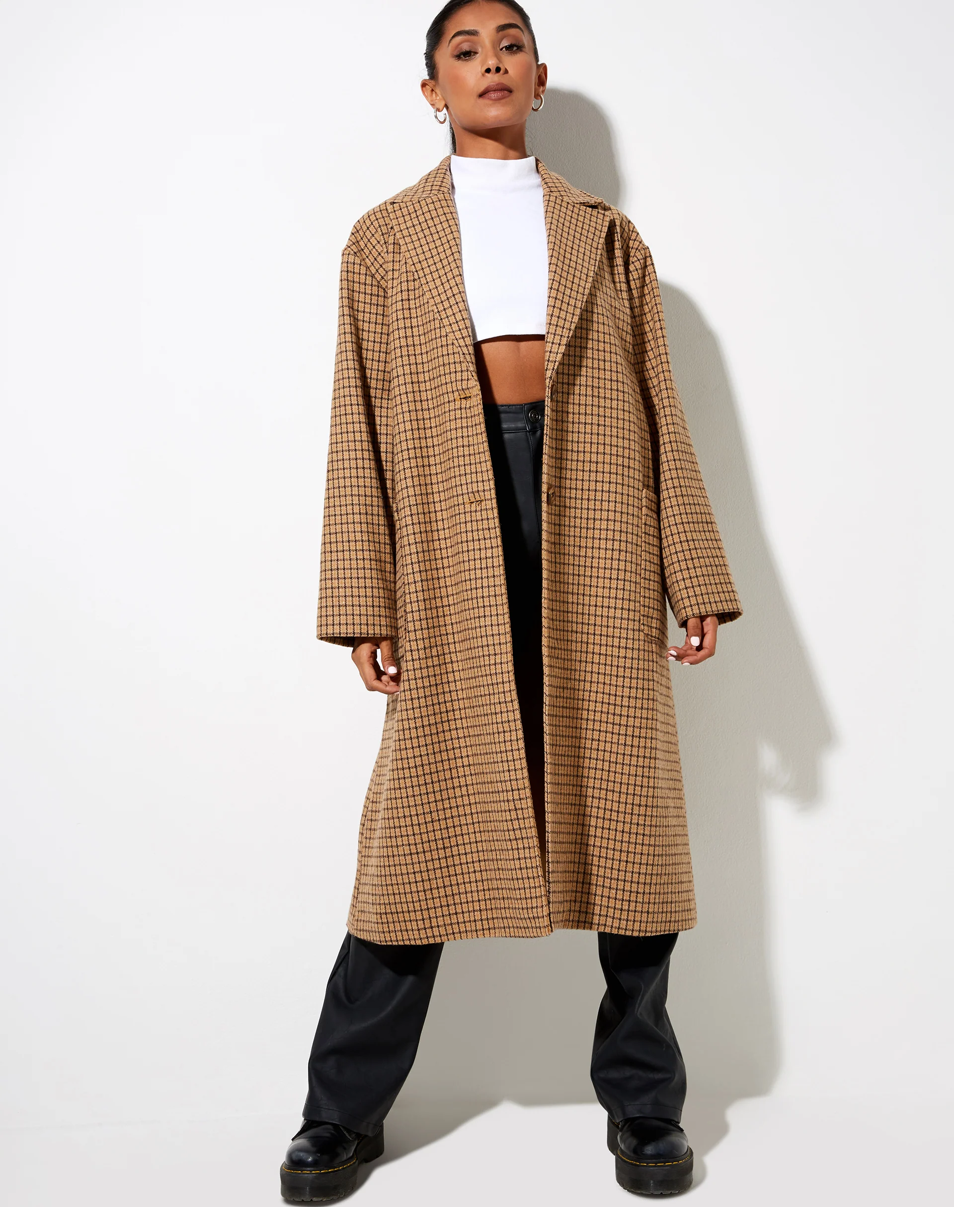 Duster Coat in Houndstooth Brown Check - Image 5