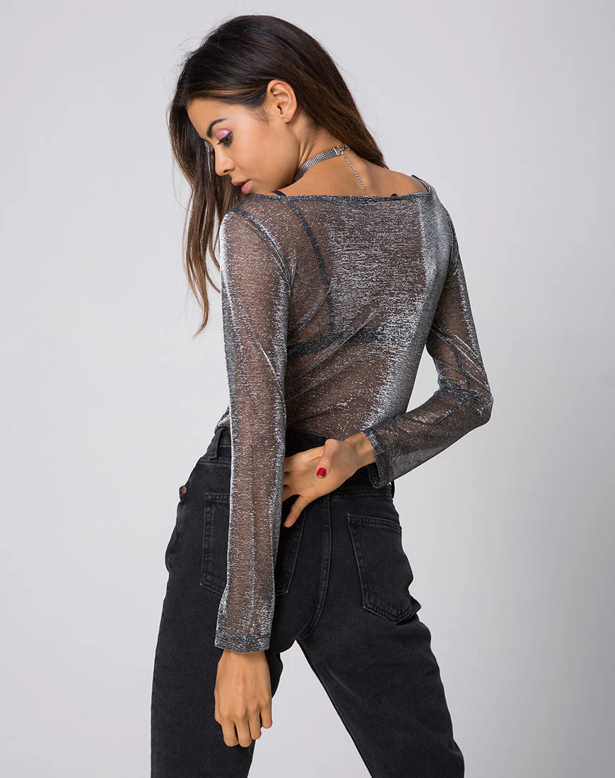 Eda Longsleeve Bodice in Metalic Shine Net Silver - Image 4