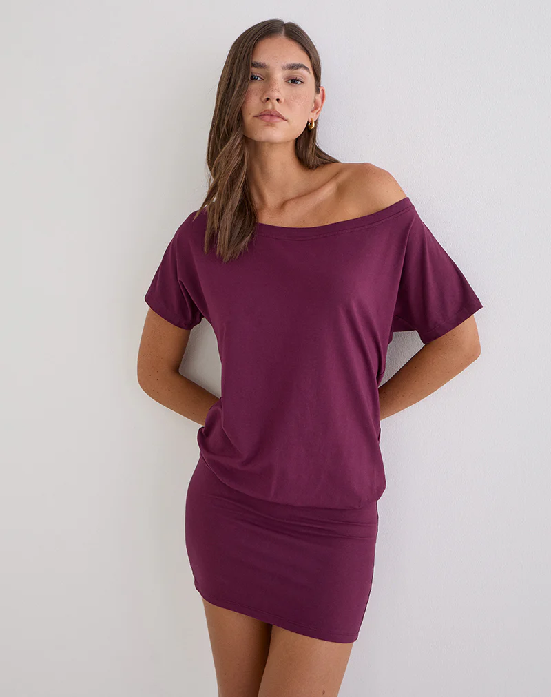 Edwina Off the Shoulder Mini Dress in Deep Purple - Image 3