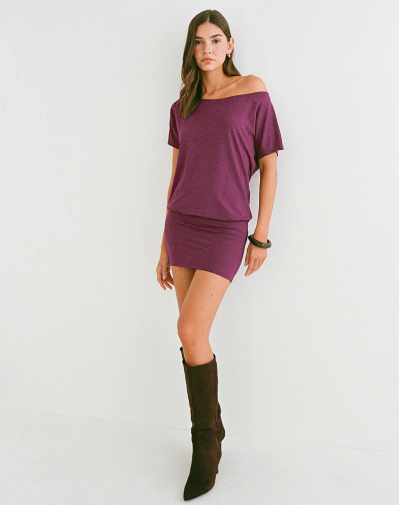 Edwina Off the Shoulder Mini Dress in Deep Purple - Image 5